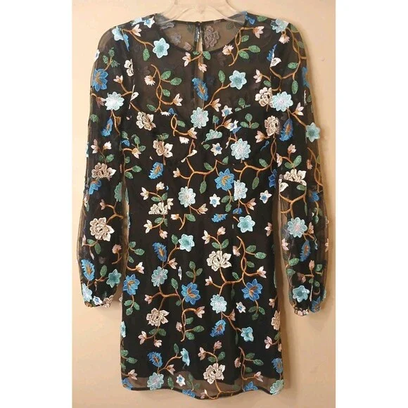 Dress The Population Sz S Mila Embroidered Mini Floral Teal Black Cocktail $358